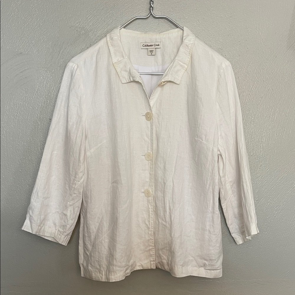 Coldwater Creek White Linen Button Jacket Blazer 3/4 Sleeve Size 10